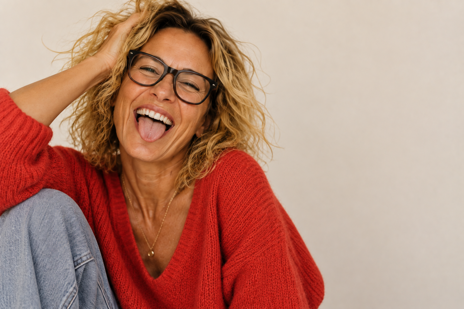 Une femme souriante à lunettes, en pull rouge, sur fond clair.