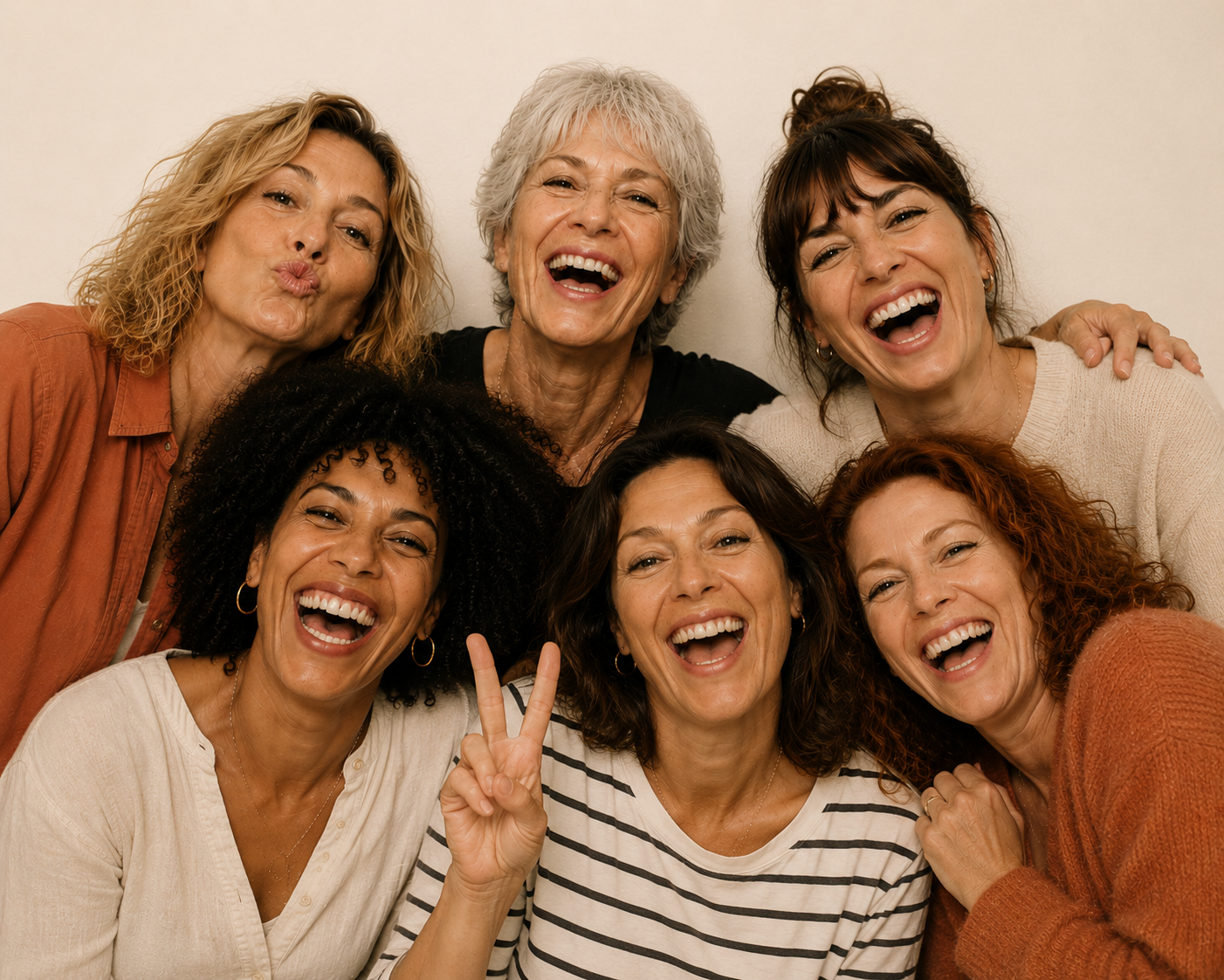 Six femmes souriantes et complices, portrait de groupe.