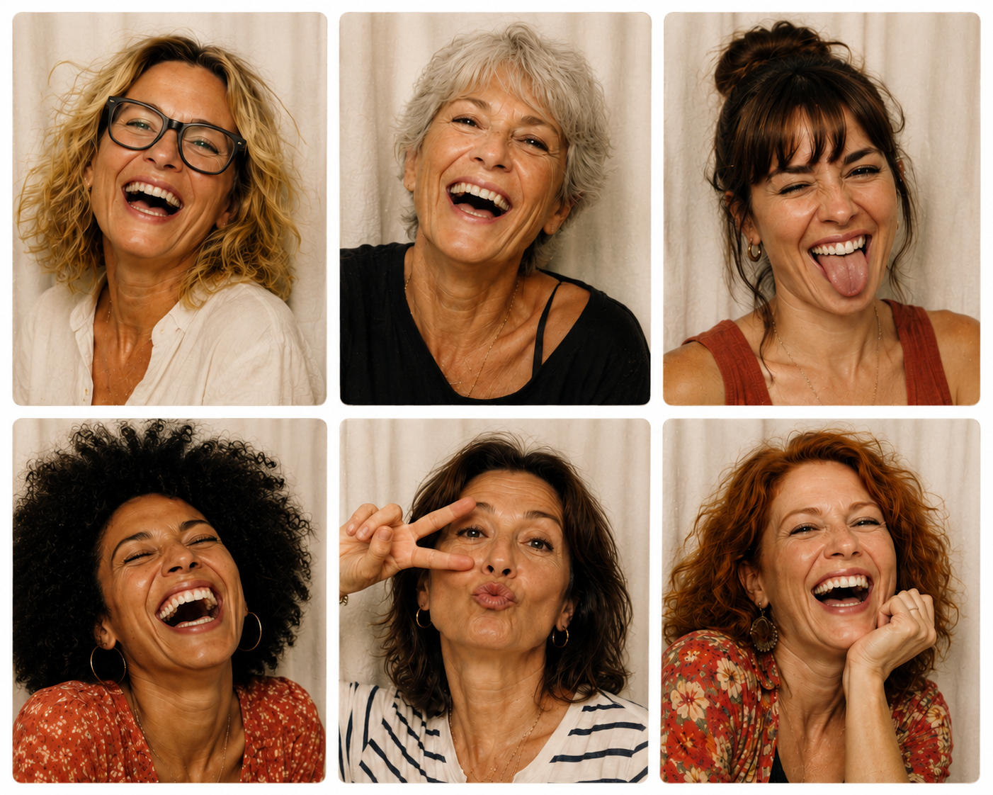 Six portraits de femmes riant, planche photo.